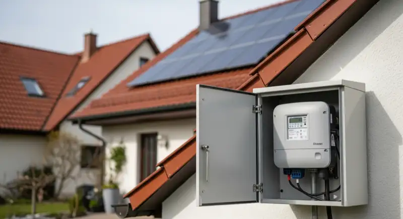 Modern German electrical meter cabinet (Zählerschrank) with smart meter and solar inverter connection, clean technical installation