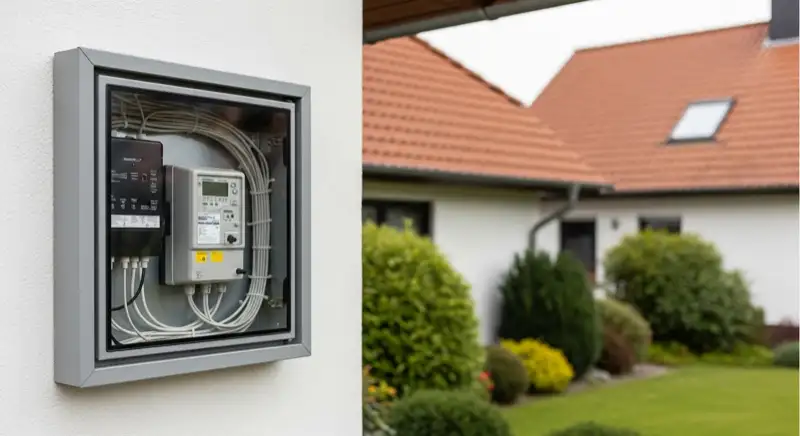 Modern German electrical meter cabinet (Zählerschrank) with smart meter and solar inverter connection, clean technical installation
