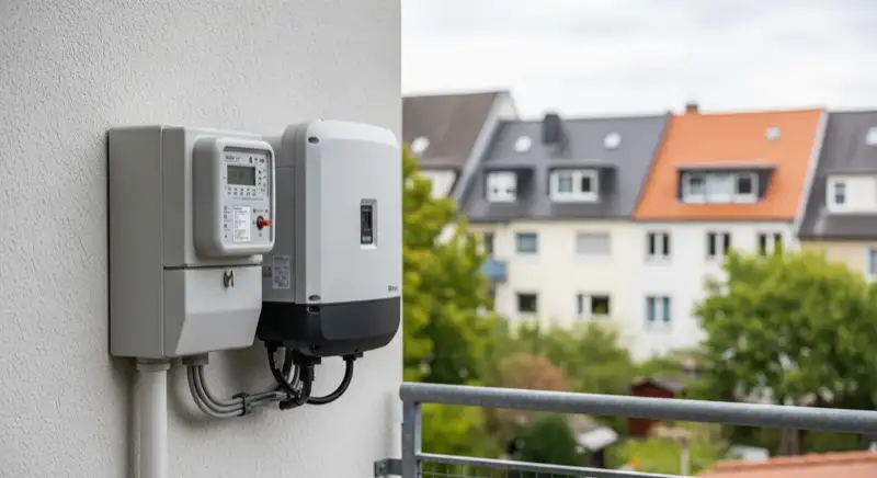 Modern German electrical meter cabinet (Zählerschrank) with smart meter and solar inverter connection, clean technical installation