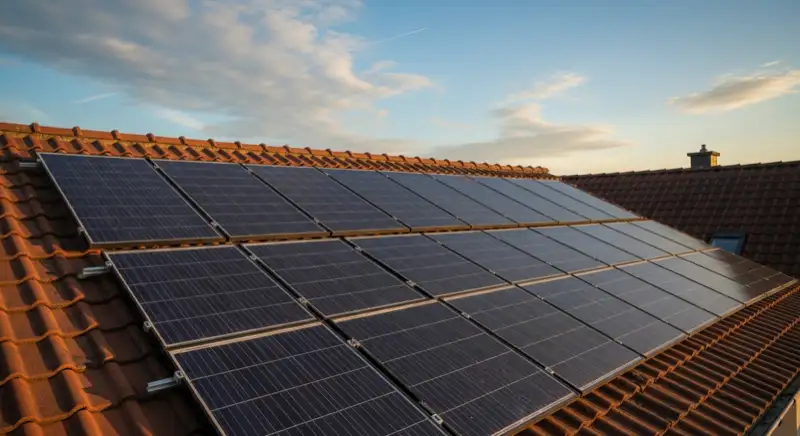 Close-up of photovoltaic solar panels installed on a traditional German Satteldach (gabled roof), blue sky with some clouds