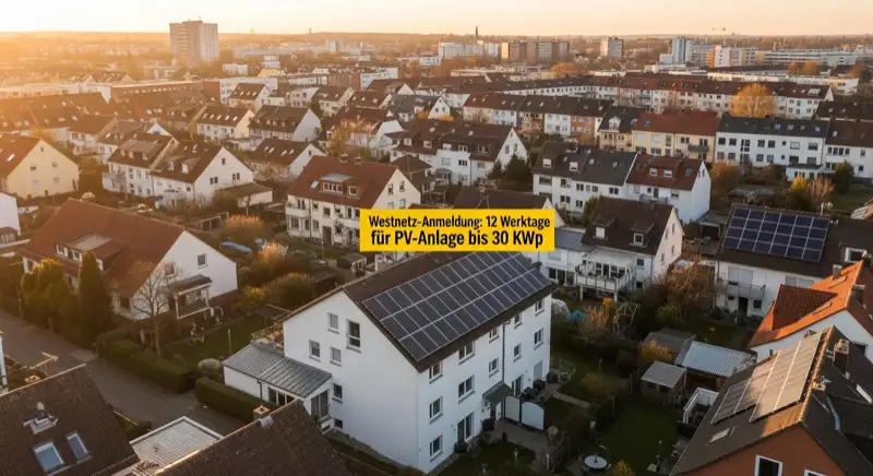 Aerial drone view of typical German residential neighborhood with mixed roof types, red and dark roof tiles, gardens visible, sunny day
