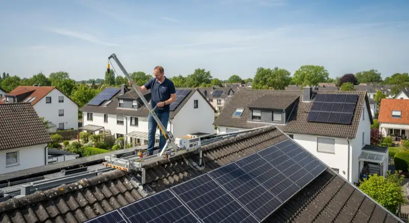 Installateur vermisst mit Maßband das Schrägdach eines typischen Leverkusener Einfamilienhauses für die Solaranlage-Planung