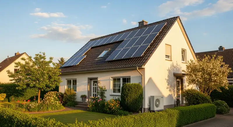 German detached house (Einfamilienhaus) with photovoltaic panels on pitched roof, well-maintained garden, warm afternoon sunlight