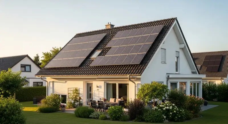 German detached house (Einfamilienhaus) with photovoltaic panels on pitched roof, well-maintained garden, warm afternoon sunlight