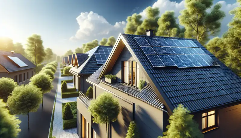 Moderne Solarmodule auf einem Schrägdach in Leverkusen, Baumkronen und blauer Himmel im Hintergrund