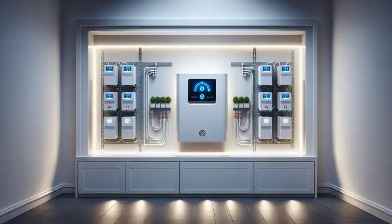 Moderner Batteriespeicher an einer weißen Wand in einem Leverkusener Hauswirtschaftsraum