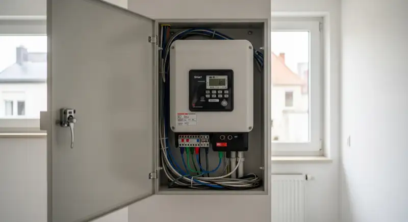 Modern German electrical meter cabinet (Zählerschrank) with smart meter and solar inverter connection, clean technical installation