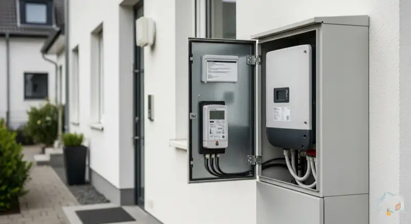 Modern German electrical meter cabinet (Zählerschrank) with smart meter and solar inverter connection, clean technical installation