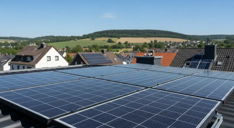 Solarmodule auf Einfamilienhaus-Dach in Lüdenscheid mit hügeliger Sauerländer Landschaft
