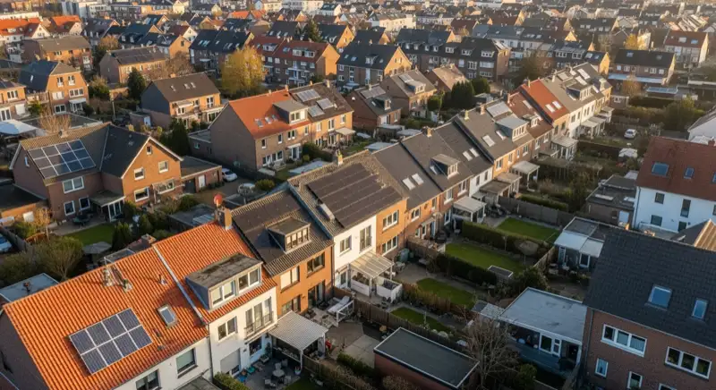Aerial drone view of typical German residential neighborhood with mixed roof types, red and dark roof tiles, gardens visible, sunny day