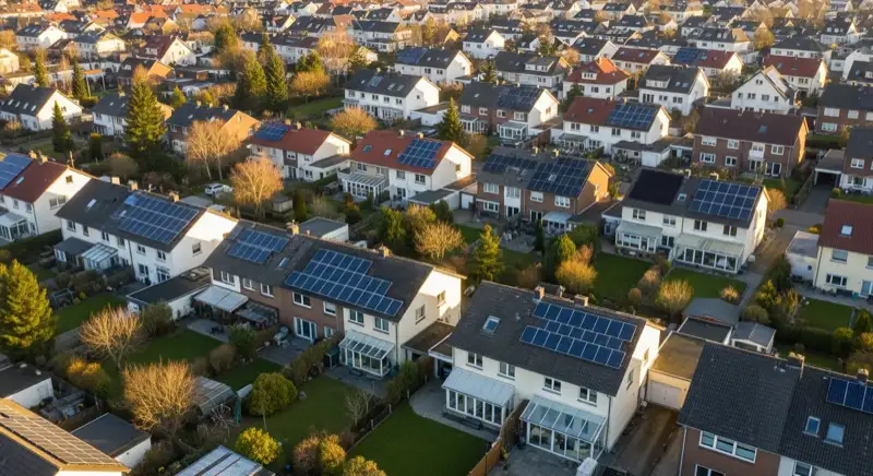 Aerial drone view of typical German residential neighborhood with mixed roof types, red and dark roof tiles, gardens visible, sunny day