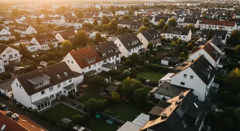 Aerial drone view of typical German residential neighborhood with mixed roof types, red and dark roof tiles, gardens visible, sunny day