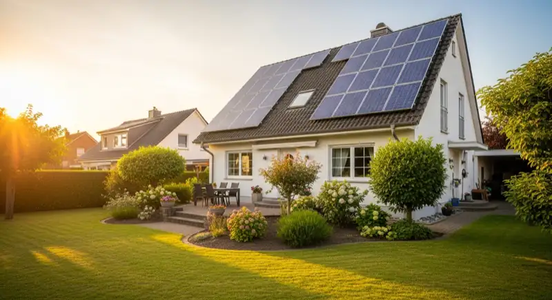 German detached house (Einfamilienhaus) with photovoltaic panels on pitched roof, well-maintained garden, warm afternoon sunlight