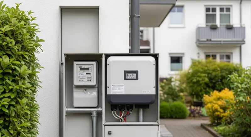 Modern German electrical meter cabinet (Zählerschrank) with smart meter and solar inverter connection, clean technical installation