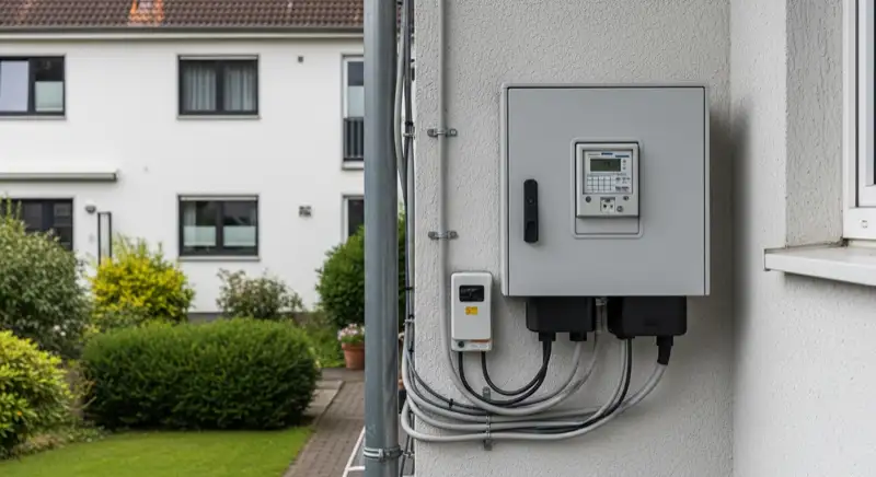 Modern German electrical meter cabinet (Zählerschrank) with smart meter and solar inverter connection, clean technical installation