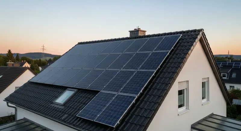 Monokristalline Solarmodule auf Satteldach eines Einfamilienhauses im Sauerland