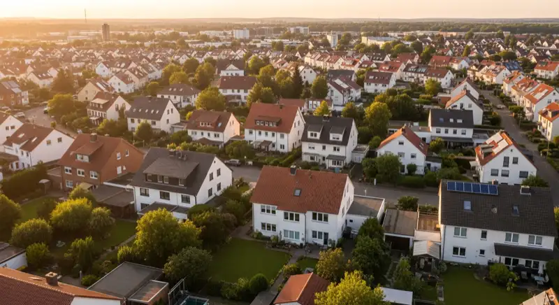 Aerial drone view of typical German residential neighborhood with mixed roof types, red and dark roof tiles, gardens visible, sunny day