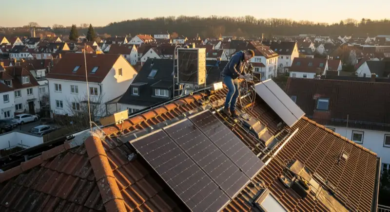 Solarexperte bei Dachbegehung auf Wittenberger Wohnhaus mit Messgeräten