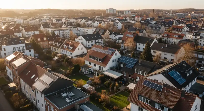 Aerial drone view of typical German residential neighborhood with mixed roof types, red and dark roof tiles, gardens visible, sunny day