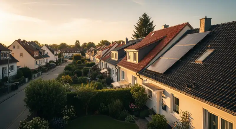 Aerial drone view of typical German residential neighborhood with mixed roof types, red and dark roof tiles, gardens visible, sunny day