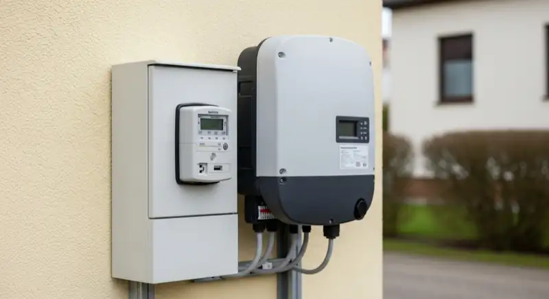 Modern German electrical meter cabinet (Zählerschrank) with smart meter and solar inverter connection, clean technical installation