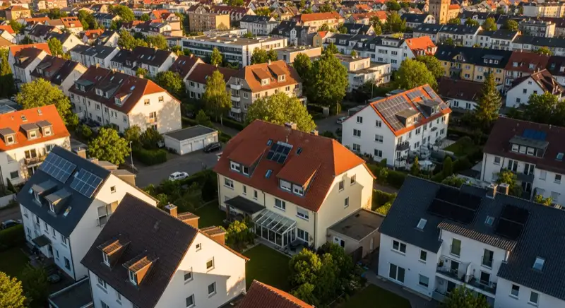 Aerial drone view of typical German residential neighborhood with mixed roof types, red and dark roof tiles, gardens visible, sunny day