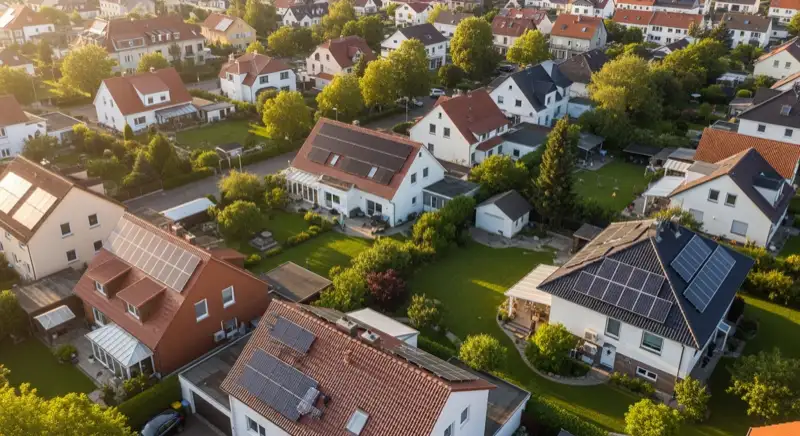 Aerial drone view of typical German residential neighborhood with mixed roof types, red and dark roof tiles, gardens visible, sunny day