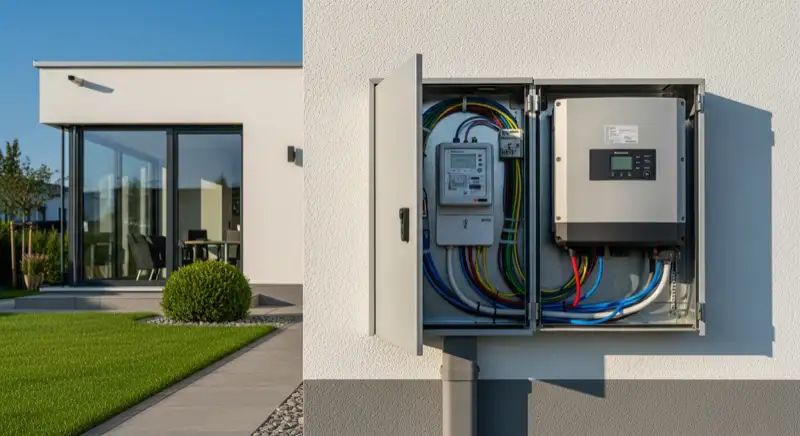 Modern German electrical meter cabinet (Zählerschrank) with smart meter and solar inverter connection, clean technical installation