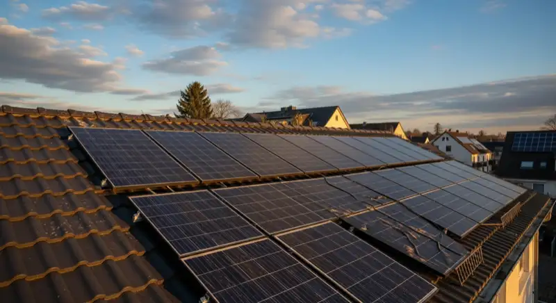 Close-up of photovoltaic solar panels installed on a traditional German Satteldach (gabled roof), blue sky with some clouds