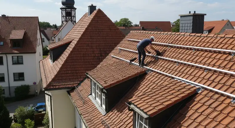 Installateur prüft ein historisches Dach in einem Maintaler Straßenzug