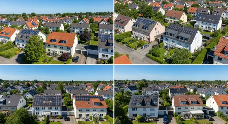 Aerial drone view of typical German residential neighborhood with mixed roof types, red and dark roof tiles, gardens visible, sunny day