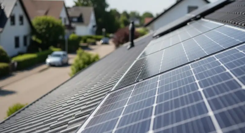 Einfamilienhausdach mit Solarmodulen in einer Maintaler Wohnstraße