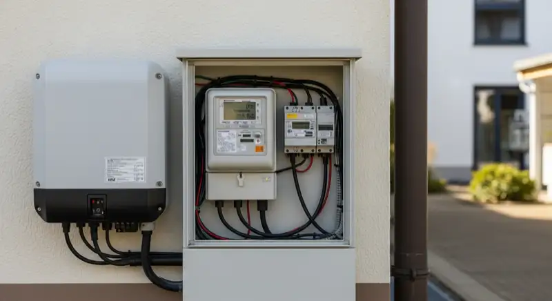 Modern German electrical meter cabinet (Zählerschrank) with smart meter and solar inverter connection, clean technical installation