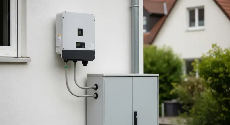 Modern German electrical meter cabinet (Zählerschrank) with smart meter and solar inverter connection, clean technical installation