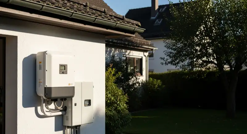 Modern solar inverter mounted on garage wall next to electrical panel, clean professional installation, natural daylight