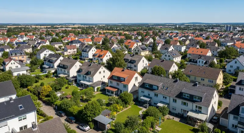 Aerial drone view of typical German residential neighborhood with mixed roof types, red and dark roof tiles, gardens visible, sunny day