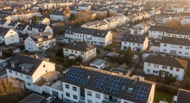 Wohngebiete in Mainz mit verschiedenen Bauformen, typische Einfamilienhäuser und Dachstrukturen aus der Luft
