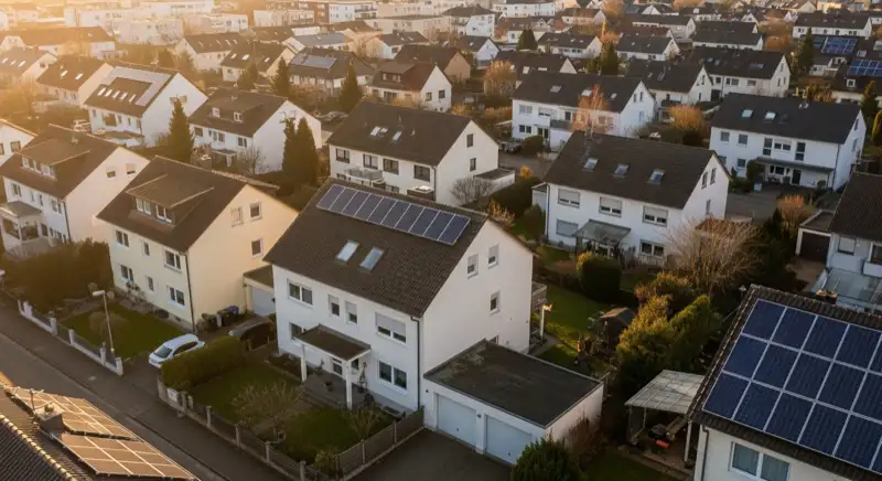 Wohngebiete in Mainz mit verschiedenen Bauformen, typische Einfamilienhäuser und Dachstrukturen aus der Luft