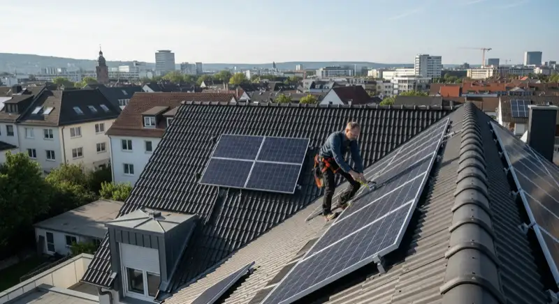 Installateur bei der Dachbegehung auf einem Mainzer Einfamilienhaus mit Blick auf die Stadt