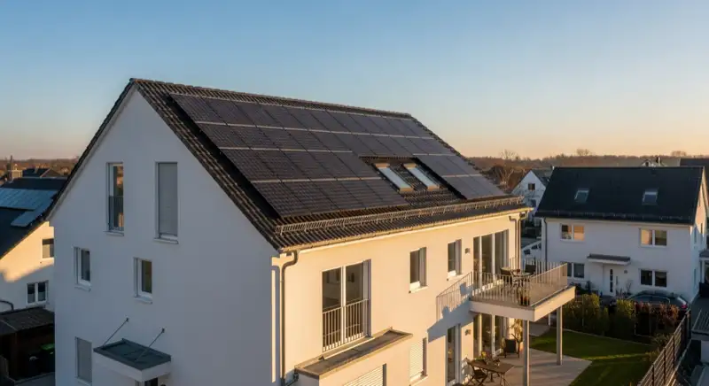 Modernes Einfamilienhaus in Mainz mit Solaranlage auf dem Dach und Smart Home Technologie, intelligente Steuerung sichtbar