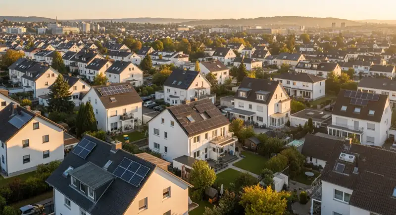 Wohngebiete in Mainz mit verschiedenen Bauformen, typische Einfamilienhäuser und Dachstrukturen aus der Luft
