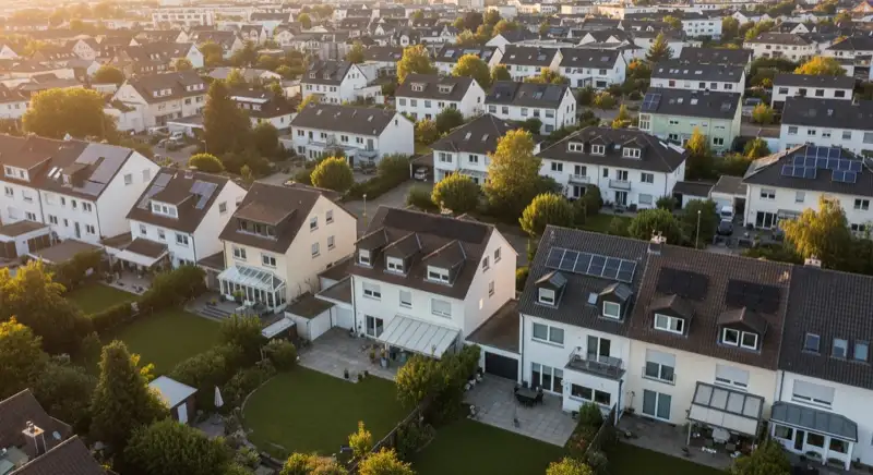 Wohngebiete in Mainz mit verschiedenen Bauformen, typische Einfamilienhäuser und Dachstrukturen aus der Luft