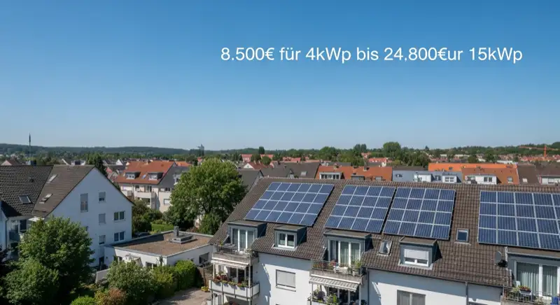 Aerial drone view of typical German residential neighborhood with mixed roof types, red and dark roof tiles, gardens visible, sunny day