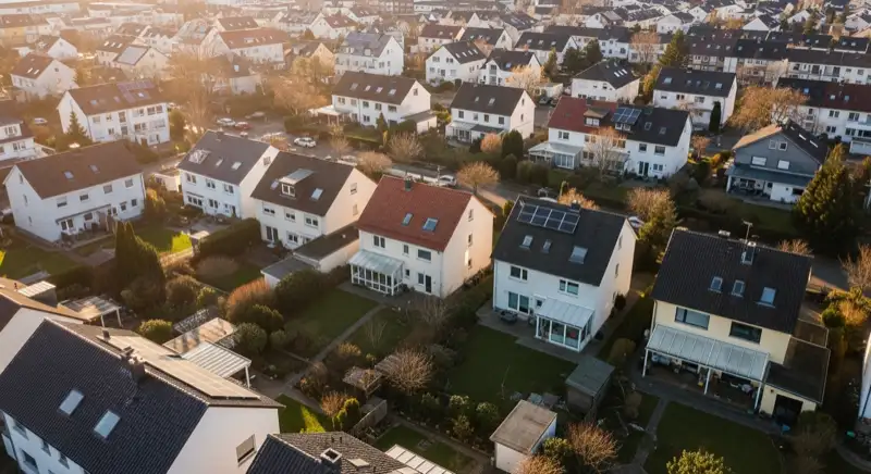 Aerial drone view of typical German residential neighborhood with mixed roof types, red and dark roof tiles, gardens visible, sunny day