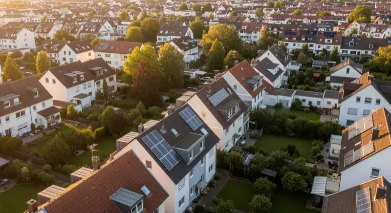 Aerial drone view of typical German residential neighborhood with mixed roof types, red and dark roof tiles, gardens visible, sunny day