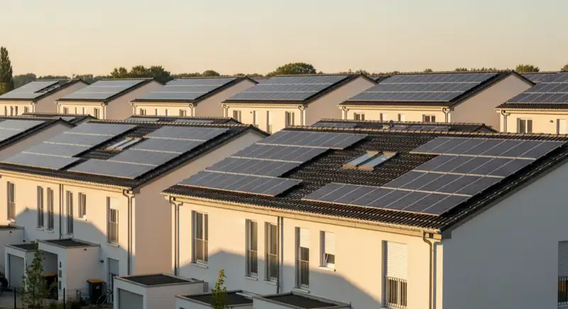 Moderne Neubausiedlung in Mannheim mit Solaranlagen auf jedem Dach, sonniger Tag