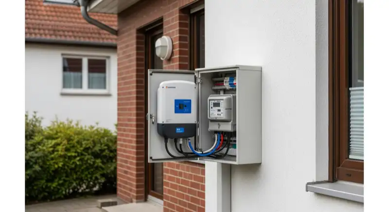 Modern German electrical meter cabinet (Zählerschrank) with smart meter and solar inverter connection, clean technical installation