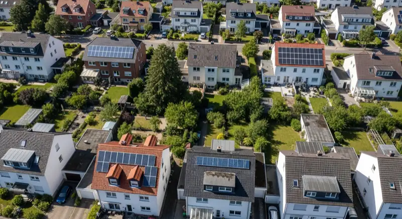 Aerial drone view of typical German residential neighborhood with mixed roof types, red and dark roof tiles, gardens visible, sunny day