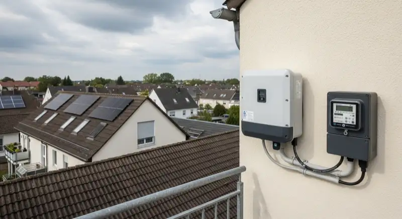 Modern German electrical meter cabinet (Zählerschrank) with smart meter and solar inverter connection, clean technical installation
