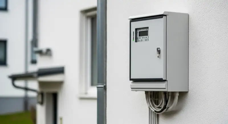 Modern German electrical meter cabinet (Zählerschrank) with smart meter and solar inverter connection, clean technical installation
